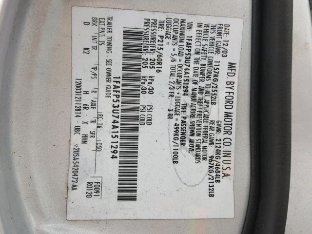 1FAFP53U74A151294 - 2004 FORD TAURUS SE SILVER photo 10