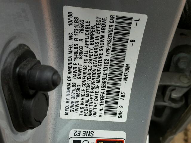 1HGFA16599L010152 - 2009 HONDA CIVIC LX SILVER photo 10