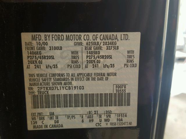 2FTRX07L1YCB19103 - 2000 FORD F150 BLACK photo 10