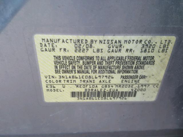 3N1AB61E08L697926 - 2008 NISSAN SENTRA 2.0 GRAY photo 10