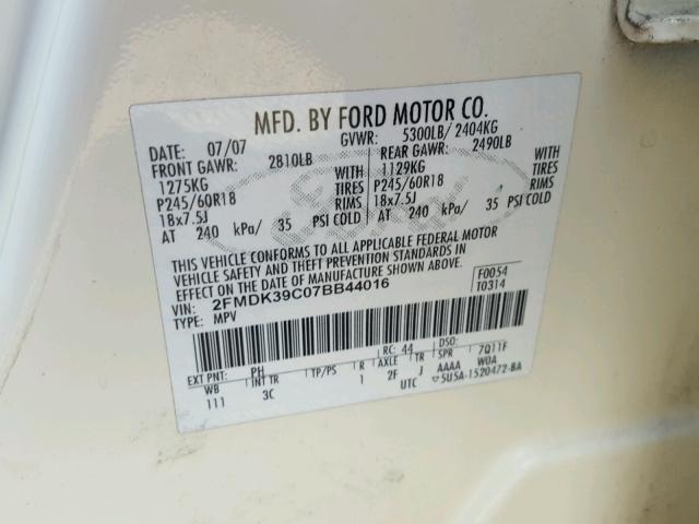 2FMDK39C07BB44016 - 2007 FORD EDGE SEL P WHITE photo 10