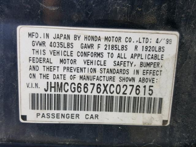 JHMCG6676XC027615 - 1999 HONDA ACCORD EX BLUE photo 10