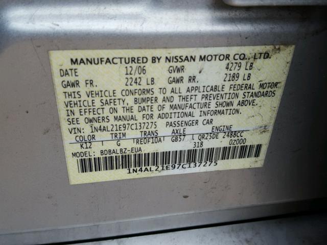 1N4AL21E97C137275 - 2007 NISSAN ALTIMA 2.5 SILVER photo 10