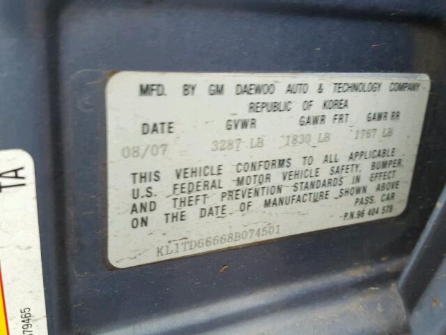 KL1TD66668B074501 - 2008 CHEVROLET AVEO BASE Mavi fotoğraf 10