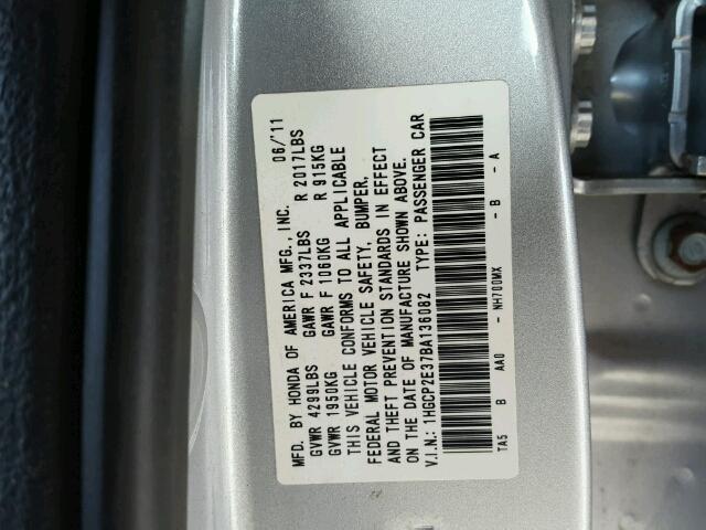 1HGCP2E37BA136082 - 2011 HONDA ACCORD LX SILVER photo 10