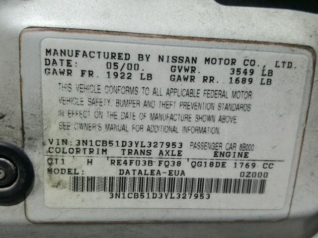 3N1CB51D3YL327953 - 2000 NISSAN SENTRA BAS WHITE photo 10