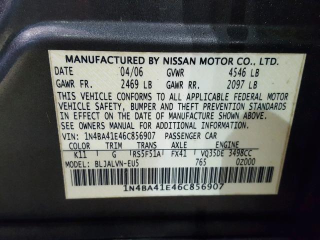 1N4BA41E46C856907 - 2006 NISSAN MAXIMA SE GRAY photo 10