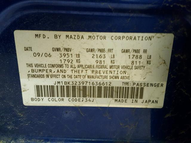 JM1BK323971636612 - 2007 MAZDA 3 S BLUE photo 10