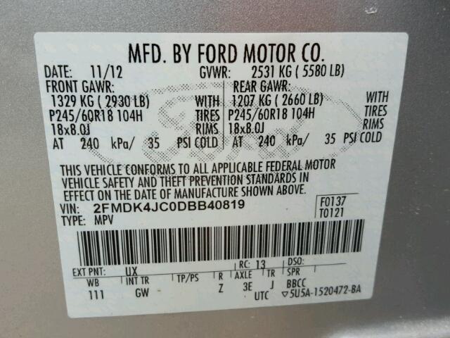 2FMDK4JC0DBB40819 - 2013 FORD EDGE SEL SILVER photo 10