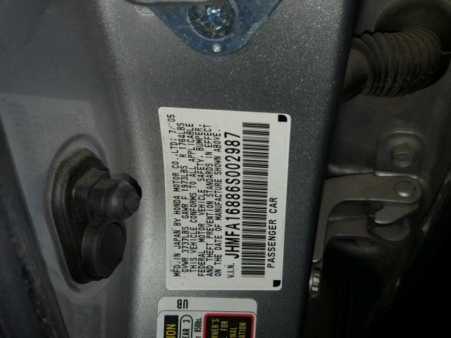 JHMFA16886S002987 - 2006 HONDA CIVIC EX SILVER photo 10