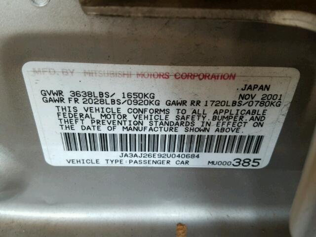 JA3AJ26E92U040684 - 2002 MITSUBISHI LANCER ES SILVER photo 10