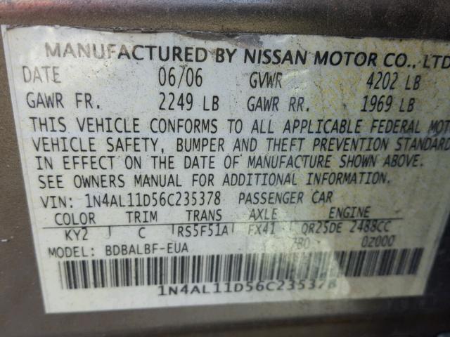 1N4AL11D56C235378 - 2006 NISSAN ALTIMA S TAN photo 10