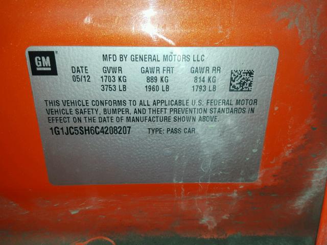 1G1JC5SH6C4208207 - 2012 CHEVROLET SONIC LT ORANGE photo 10