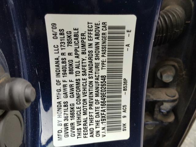 19XFA16649E026548 - 2009 HONDA CIVIC BLUE photo 10