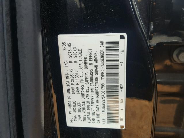 19UUA66275A081799 - 2005 ACURA TL BLACK photo 10