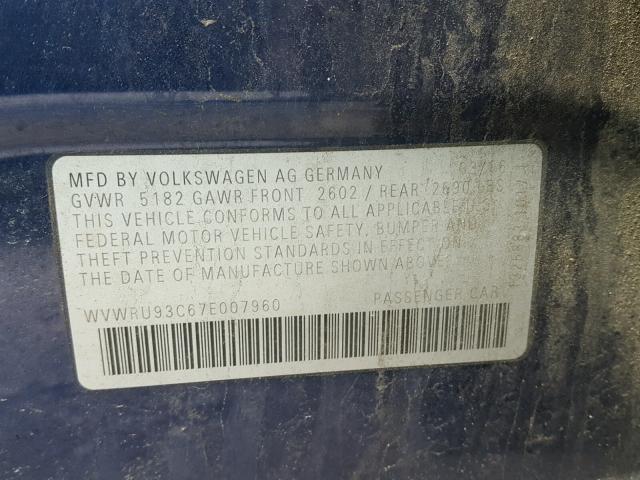 WVWRU93C67E007960 - 2007 VOLKSWAGEN PASSAT 3.6 BLUE photo 10