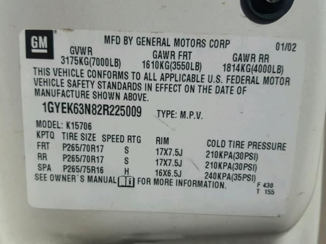 1GYEK63N82R225009 - 2002 CADILLAC ESCALADE L WHITE photo 10