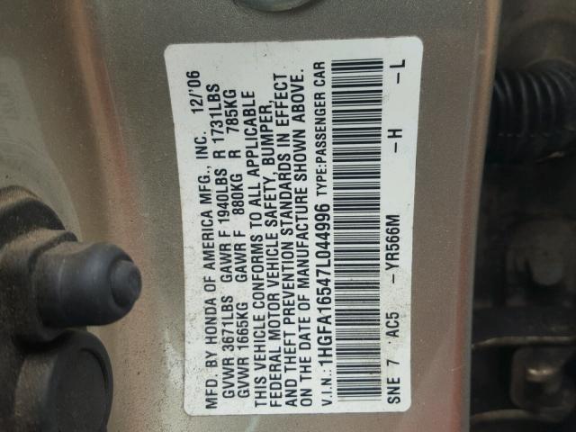 1HGFA16547L044996 - 2007 HONDA CIVIC LX GOLD photo 10