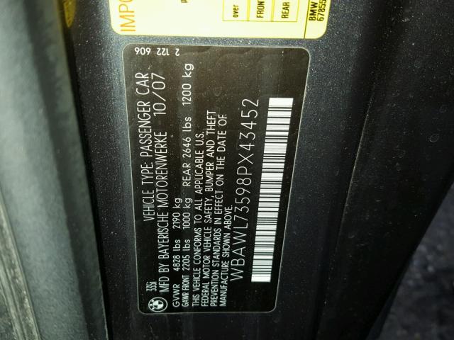 WBAWL73598PX43452 - 2008 BMW 335 I GRAY photo 10