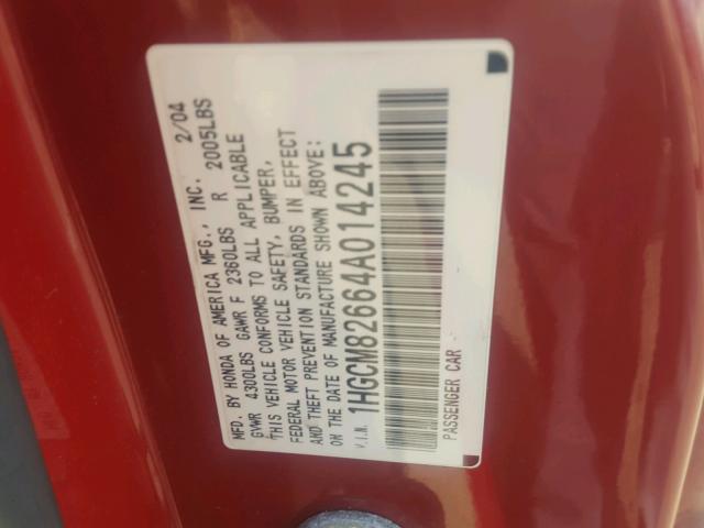 1HGCM82664A014245 - 2004 HONDA ACCORD EX RED photo 10