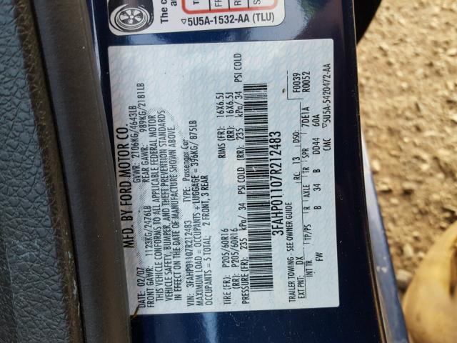 3FAHP01107R212483 - 2007 FORD FUSION SE BLUE photo 10