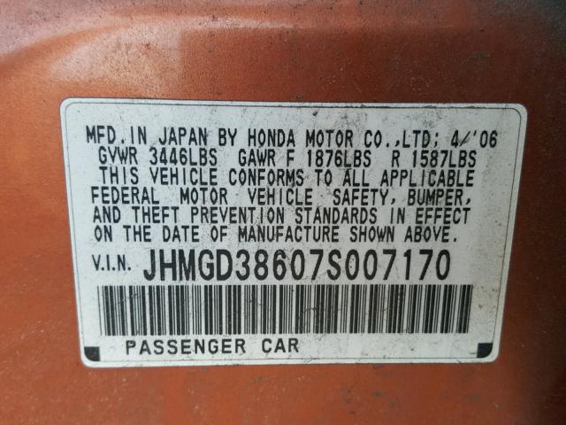 JHMGD38607S007170 - 2007 HONDA FIT S ORANGE photo 10