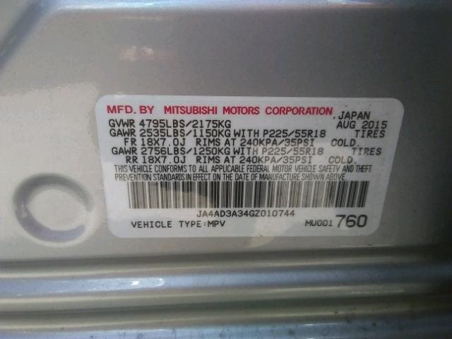 JA4AD3A34GZ010744 - 2016 MITSUBISHI OUTLANDER SILVER photo 10