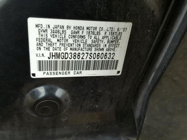 JHMGD38627S060632 - 2007 HONDA FIT S BLACK photo 10