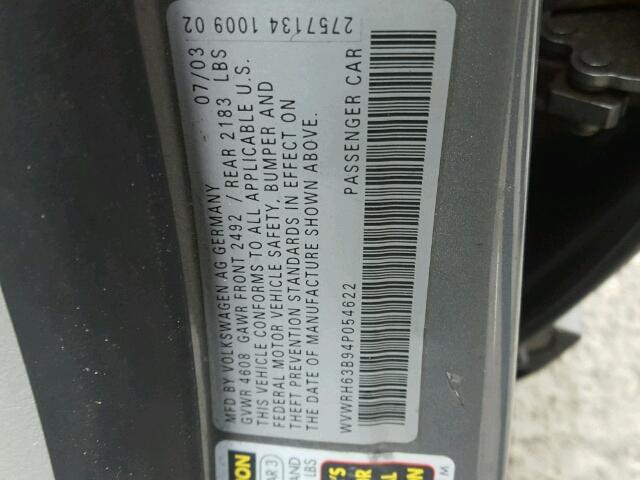 WVWRH63B94P054622 - 2004 VOLKSWAGEN PASSAT GLX SILVER photo 10