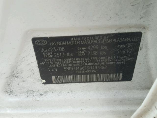 5NPEU46C19H491892 - 2009 HYUNDAI SONATA SE WHITE photo 10