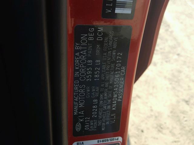 KNADM5A35D6170172 - 2013 KIA RIO LX Կարմիր լուսանկար 10