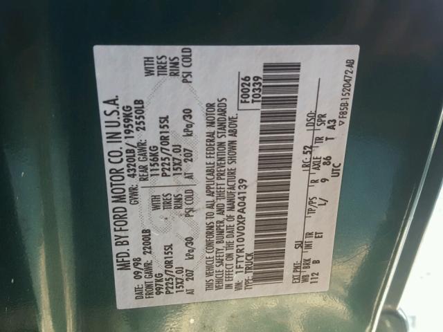 1FTYR10V0XPA04139 - 1999 FORD RANGER GREEN photo 10