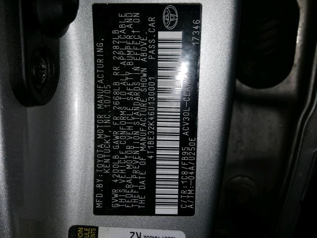 4T1BE32K46U130001 - 2006 TOYOTA CAMRY LE SILVER photo 10