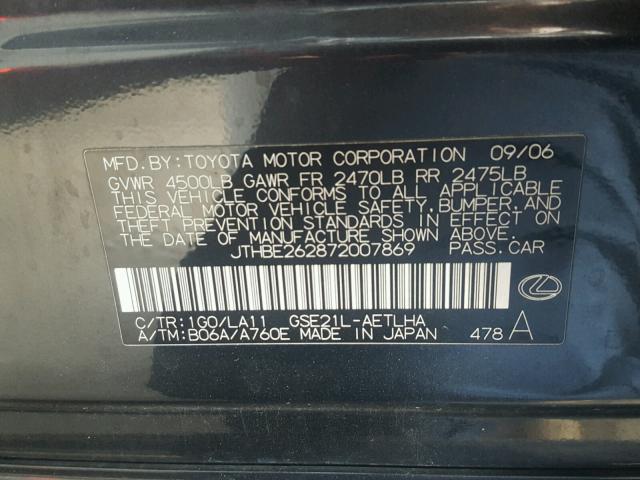 JTHBE262872007869 - 2007 LEXUS IS 350 CHARCOAL photo 10