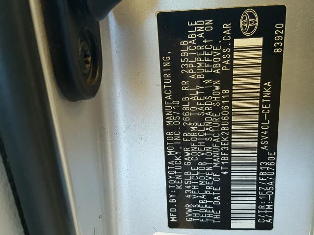 4T1BF3EK2BU606118 - 2011 TOYOTA CAMRY BASE SILVER photo 10