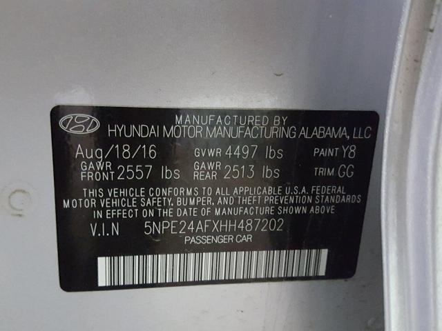 5NPE24AFXHH487202 - 2017 HYUNDAI SONATA SE SILVER photo 10