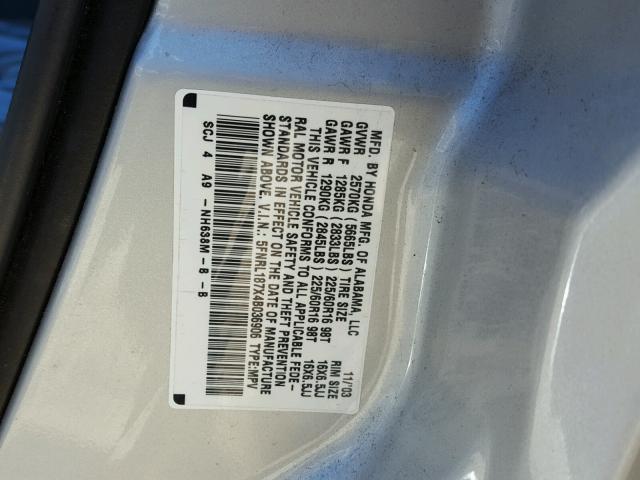 5FNRL187X4B036906 - 2004 HONDA ODYSSEY EX SILVER photo 10