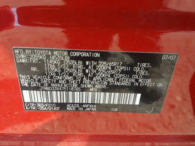 JTMBD33V475118765 - 2007 TOYOTA RAV4 RED photo 10