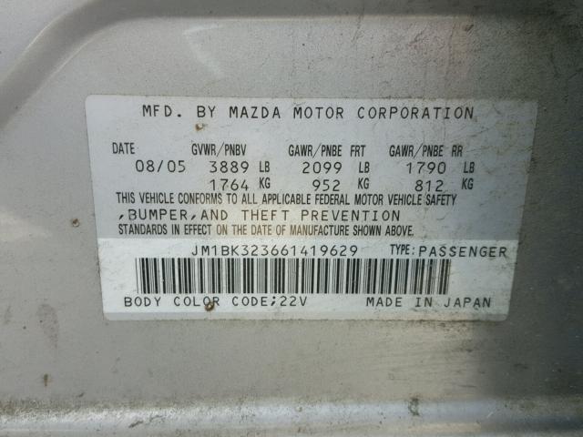 JM1BK323661419629 - 2006 MAZDA 3 S SILVER photo 10