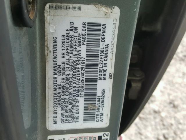 2T1BR32E74C291617 - 2004 TOYOTA COROLLA LE GRAY photo 10