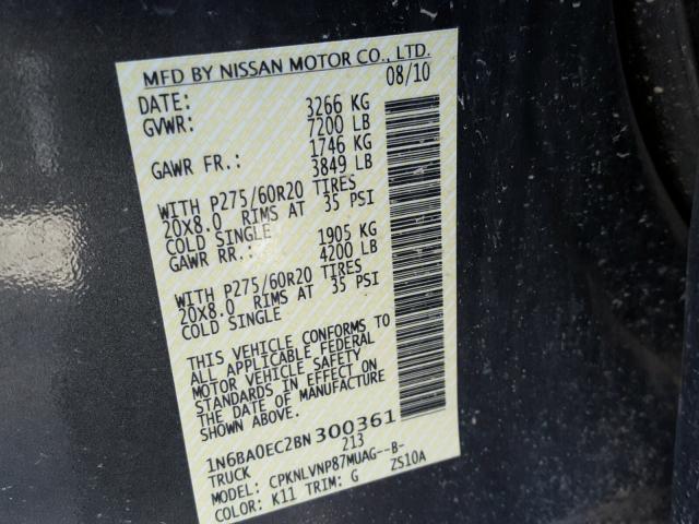 1N6BA0EC2BN300361 - 2011 NISSAN TITAN S CHARCOAL photo 10