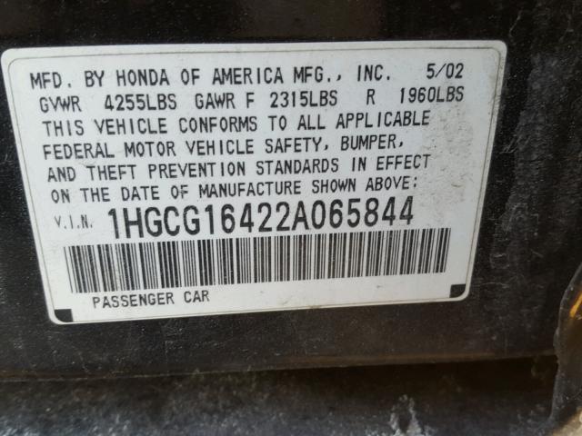 1HGCG16422A065844 - 2002 HONDA ACCORD LX BLACK photo 10