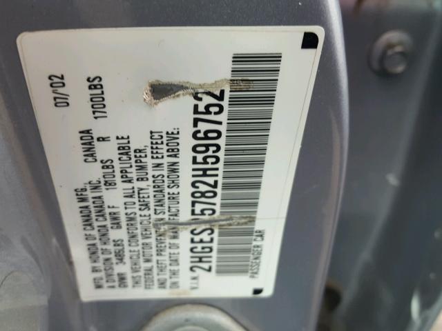 2HGES25782H596752 - 2002 HONDA CIVIC EX ვერცხლისფერი ფოტო 10