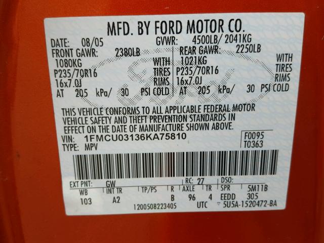 1FMCU03136KA75810 - 2006 FORD ESCAPE XLT ORANGE photo 10