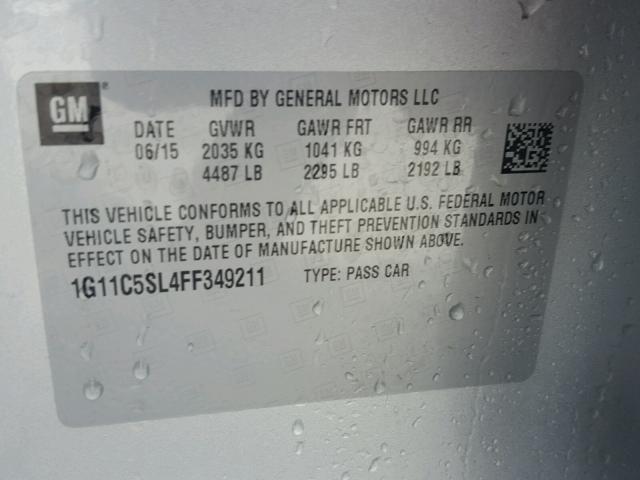 1G11C5SL4FF349211 - 2015 CHEVROLET MALIBU 1LT 银色 照片 10