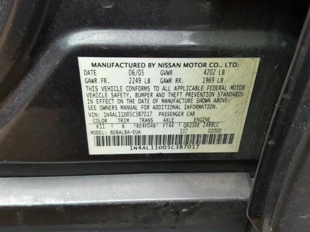 1N4AL11D05C387017 - 2005 NISSAN ALTIMA S CHARCOAL photo 10