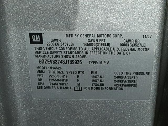 5GZEV33748J189936 - 2008 SATURN OUTLOOK XR ვერცხლისფერი ფოტო 10