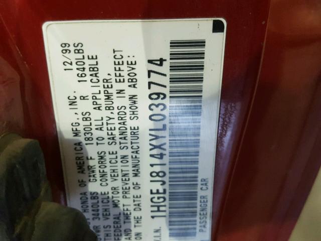 1HGEJ814XYL039774 - 2000 HONDA CIVIC EX წითელი ფოტო 10