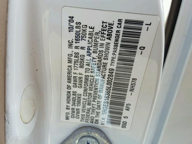 1HGES16365L002849 - 2005 HONDA CIVIC DX V WHITE photo 10