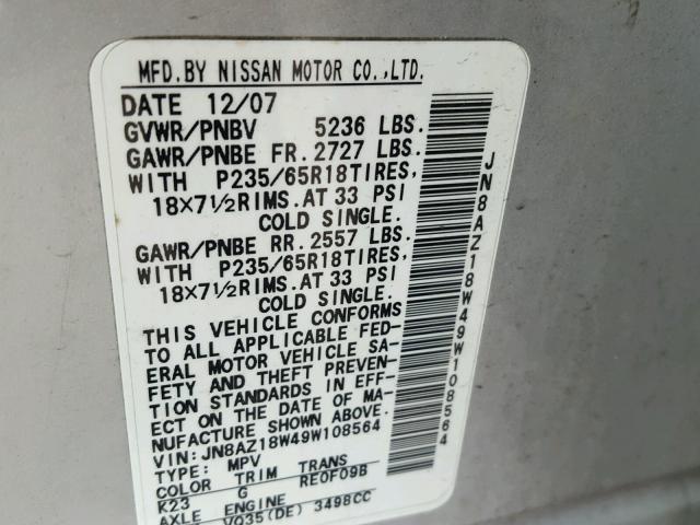 JN8AZ18W49W108564 - 2009 NISSAN MURANO S SILVER photo 10